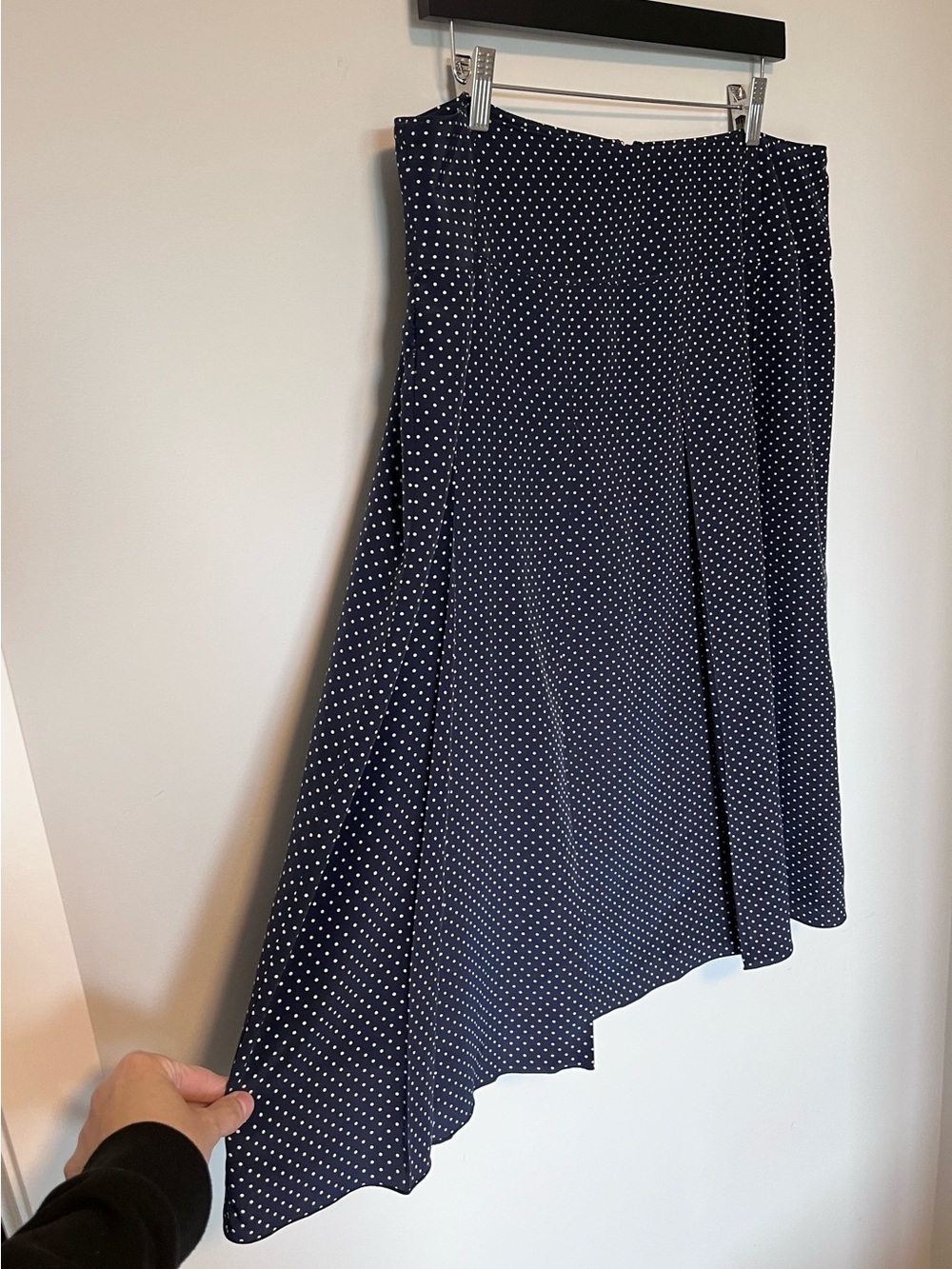 100% Silk Polka Dot Midi Skirt A Line Pleated Office Classic Timeless Navy